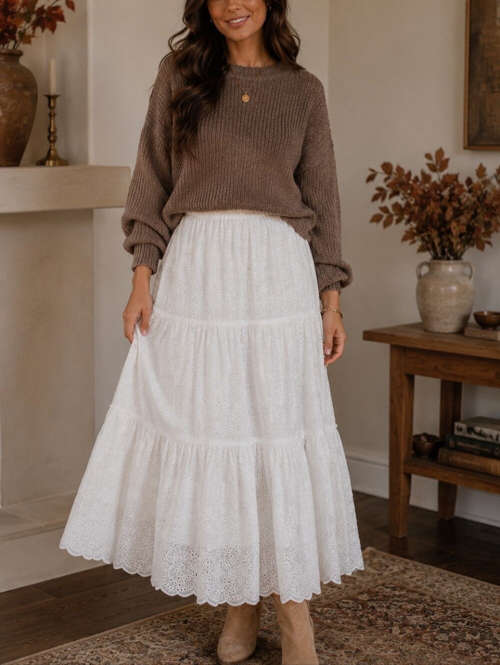 Francesca's White Cotton Eyelet Tiered Bohemian Maxi Skirt - Size Large